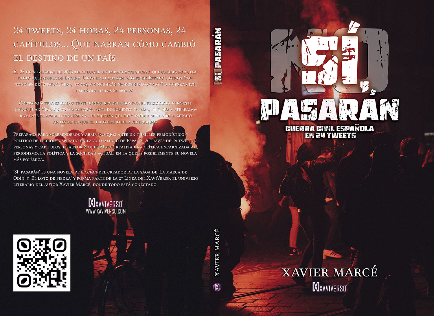 Diseño de cubierta del libro thriller de ficción Sí, pasarán. Guerra civil española en 24 tweets.